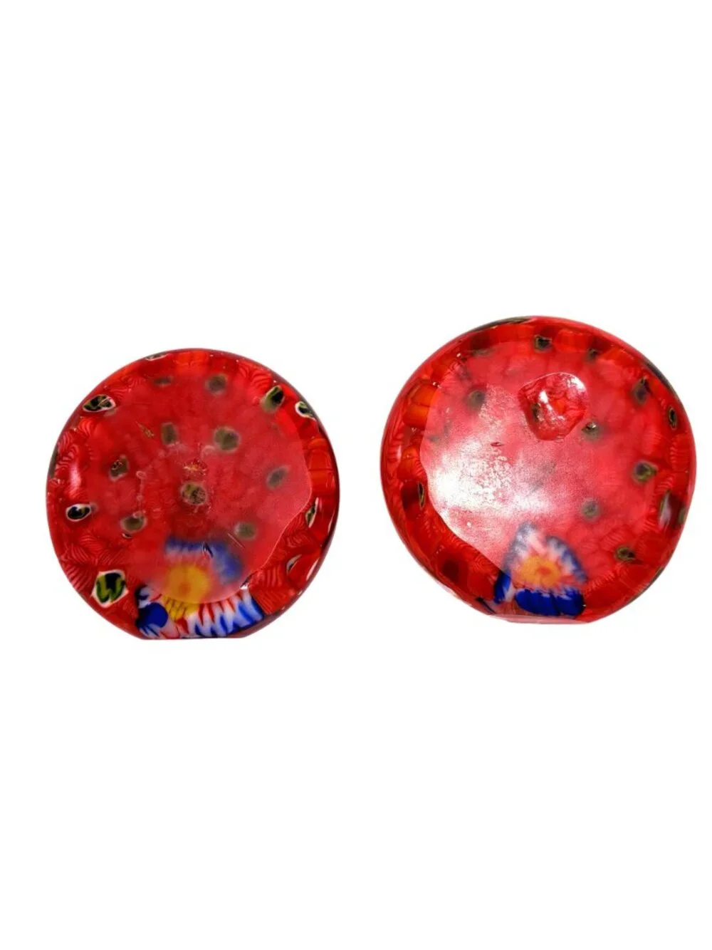 Art Glass Peacock Paperweights Red/White Multicolor Millefiori Design Set of 2